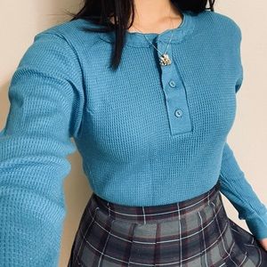 90s Greatland Made in US Blue Henley Raglan Long Sleeve Waffle Knit Thermal Top